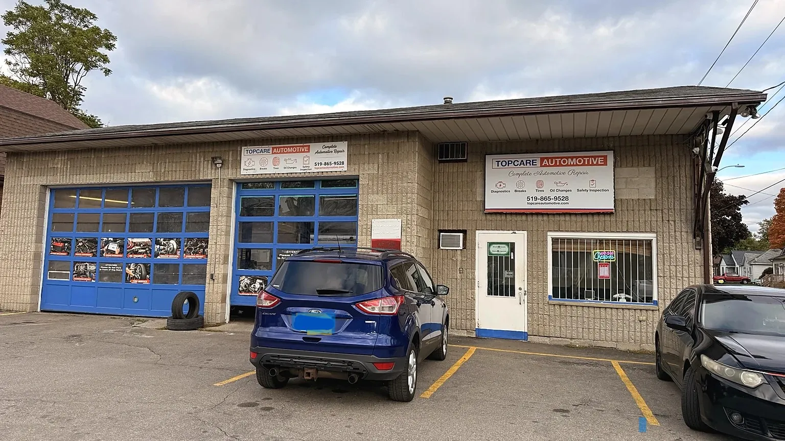 Full storefront of Topcare Automotive on Rawdon Street in Brantford